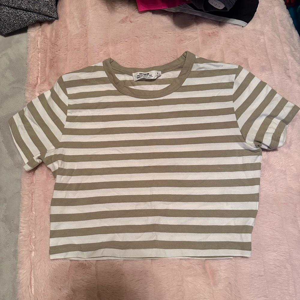Cotton On Olive and White Striped Crop Top